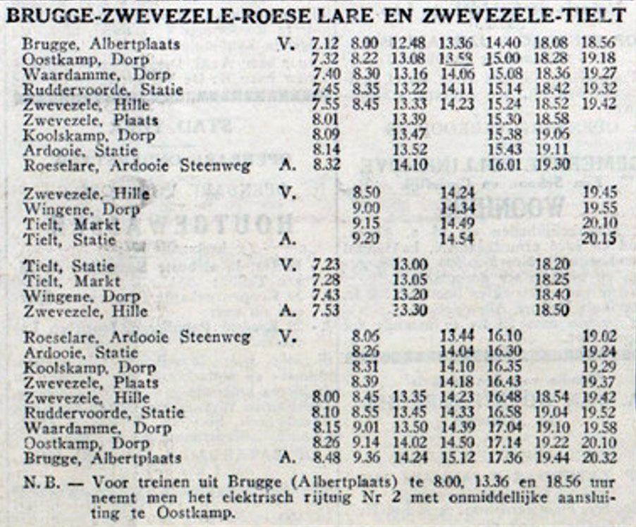 De dienstregeling van de tram uit De Poperingenaar (22 december 1940)
